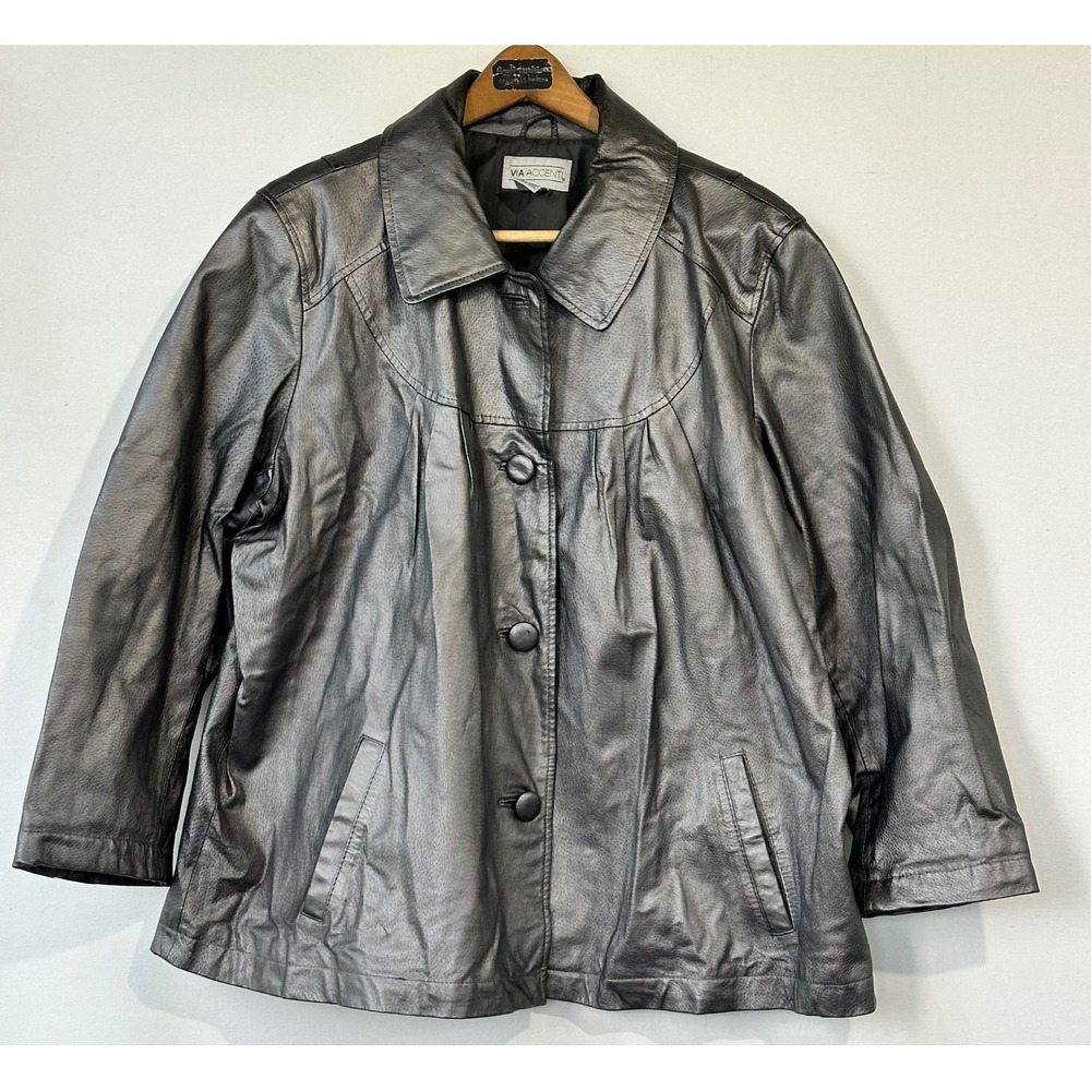 Via Accenti Leather Jacket Metallic Pockets Womens 20W Pewter Classy Business